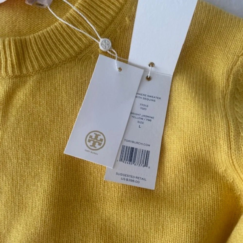 Tory Burch Jasmine Yellow Cashmere Sweater w/ Sequined Elbow Patches - Picture 4 of 9